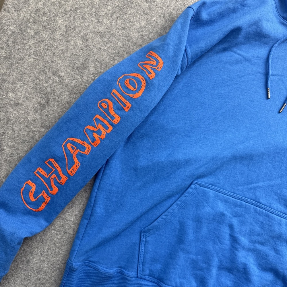 Champion Men's Blue Pullover Hoodie Size XL Graphic Print Logo Orange Highlights - Picture 6 of 12